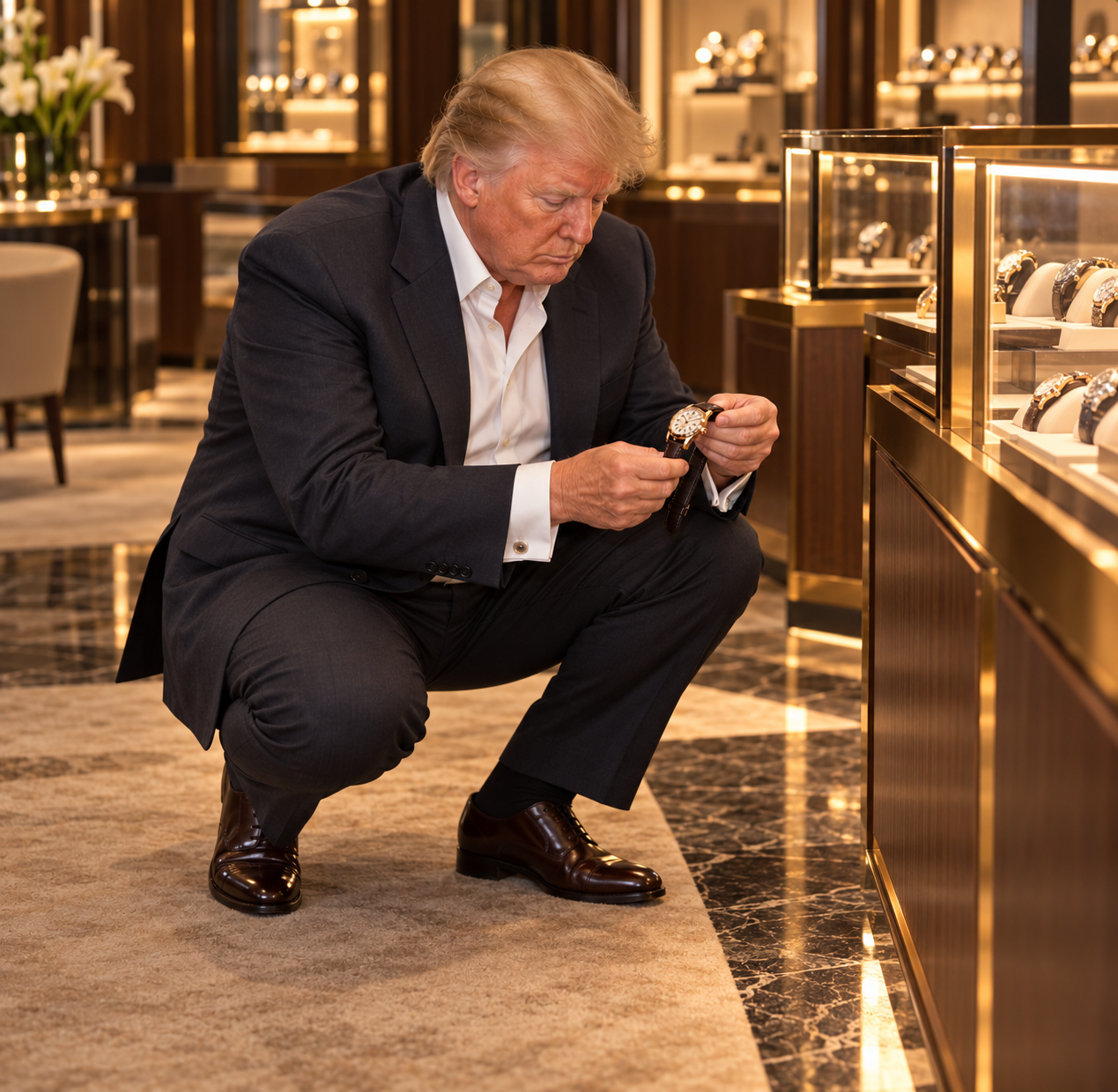 Trump examining a luxury watch in a gold-lit boutique