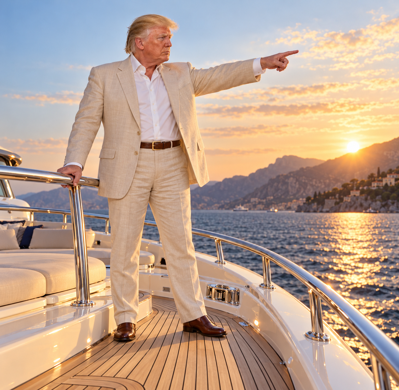 Trump in a linen suit pointing from a yacht at sunset